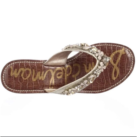 •SAM EDELMAN•LIKE NEW BEJEWELED SILVER LEATHER RANDI CORK WEDGE THONG SANDAL 8.5 - Picture 2 of 9